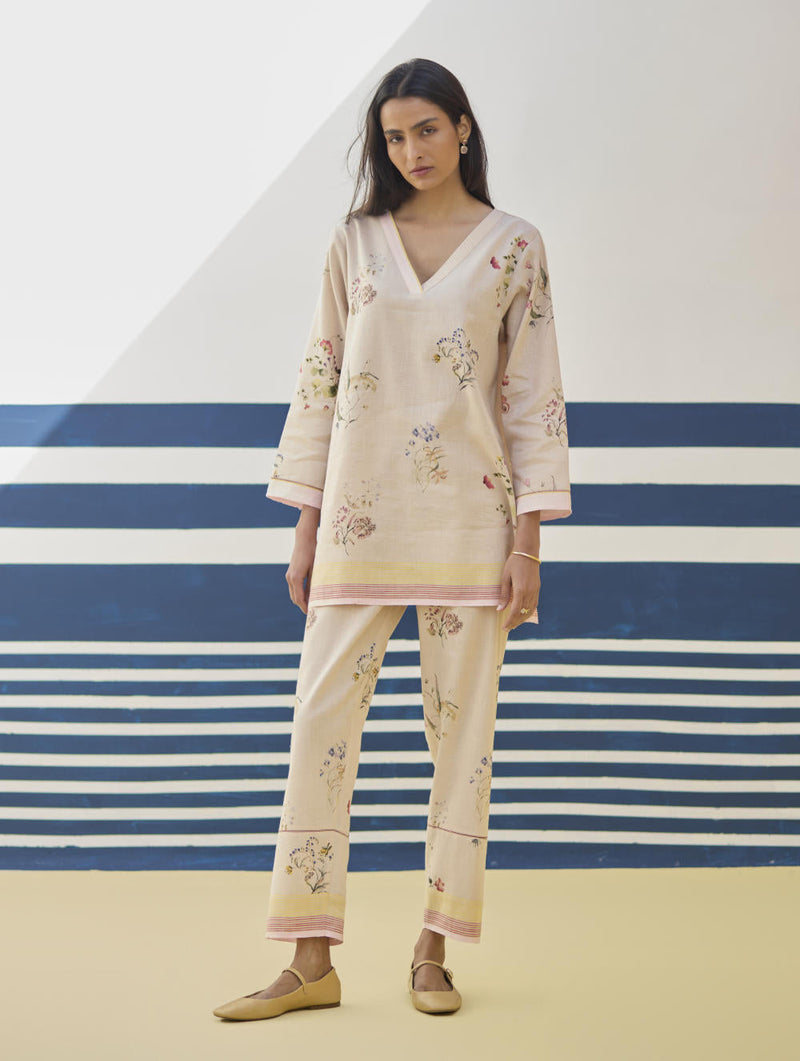 Raha Watercolour Floral Kurta - Sand by Manan in natural color for women Worldwide