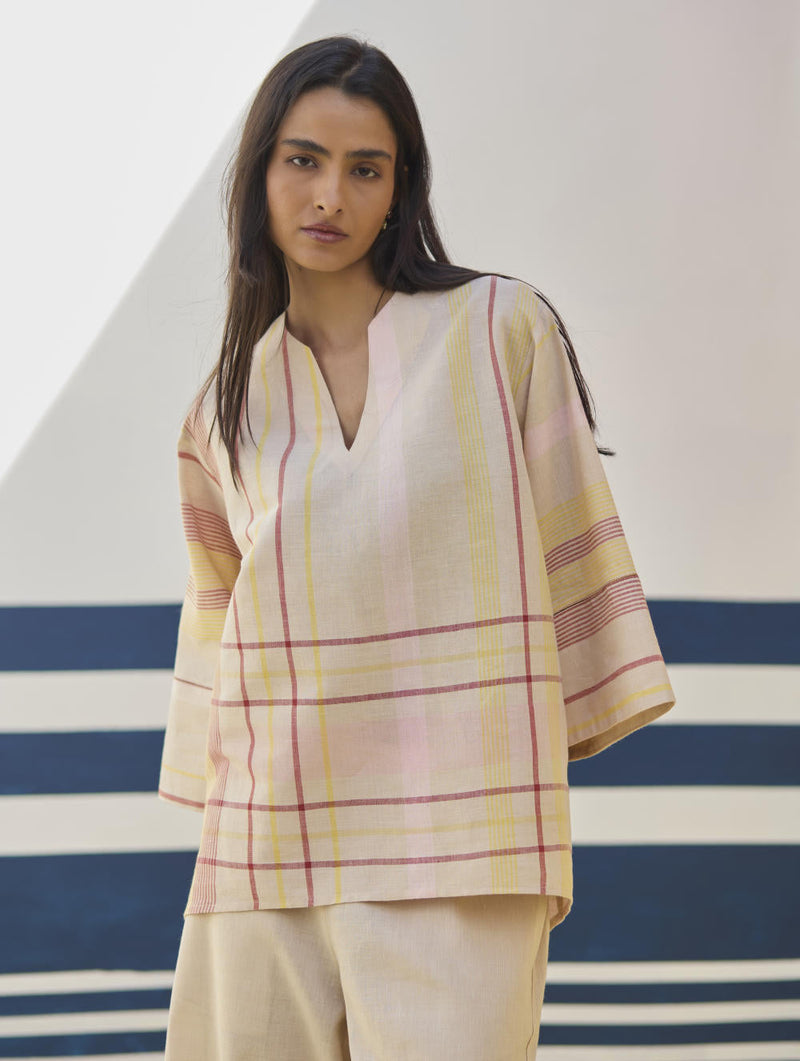 Kira Check Linen Co-ord Set
 - Sand by Manan in natural color for women Worldwide
