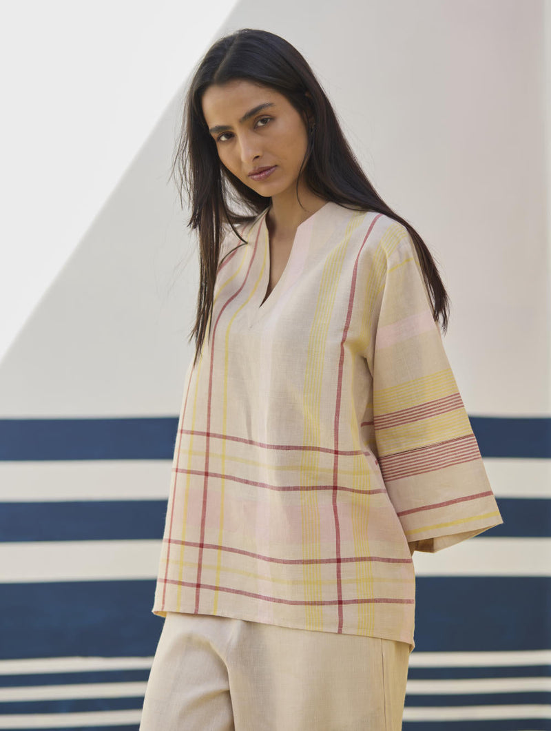Kira Check Linen Top - Sand by Manan in natural color for women Worldwide