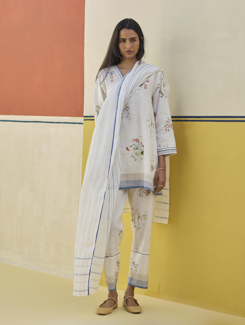 Mana Stripe Handloom Linen Dupatta - Ivory by Manan in ivory color for women Worldwide