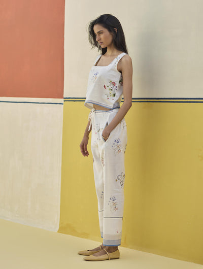 Ema Watercolour Floral Linen Pant - Ivory