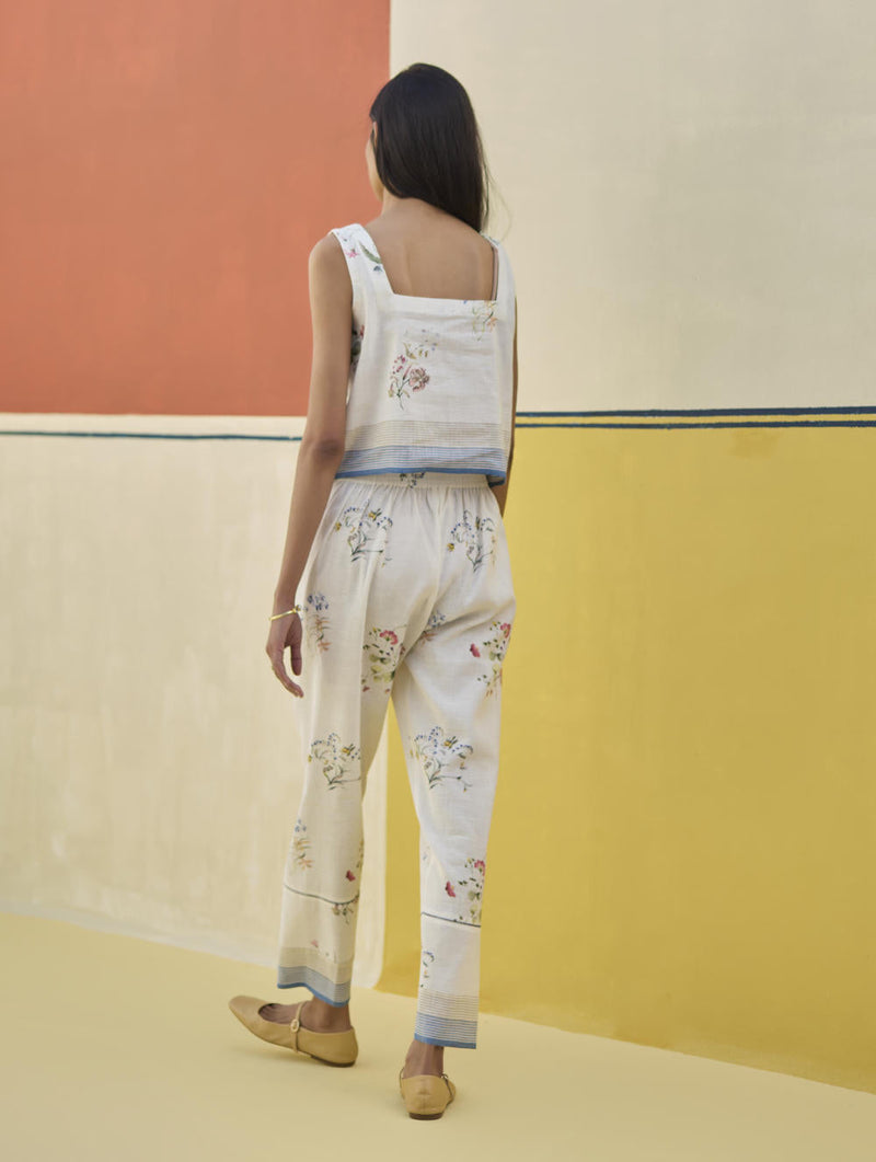 Ema Watercolour Floral Linen Pant - Ivory by Manan in ivory color for women Worldwide