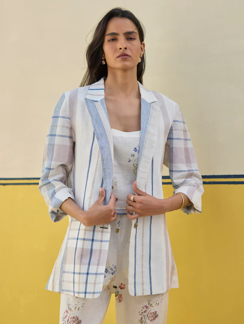 Talia Check Linen Co-ord Set
 -Ivory by Manan in ivory color for women Worldwide