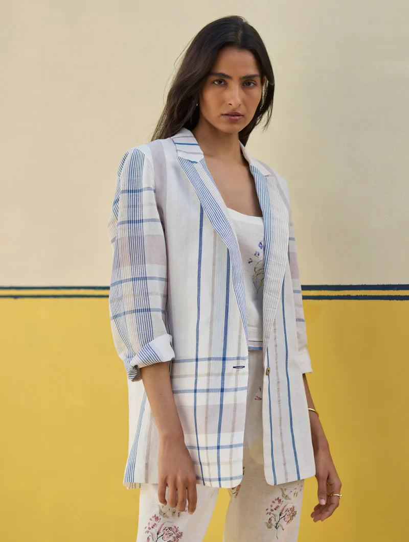 Talia Check Linen Co-ord Set
 -Ivory by Manan in ivory color for women Worldwide