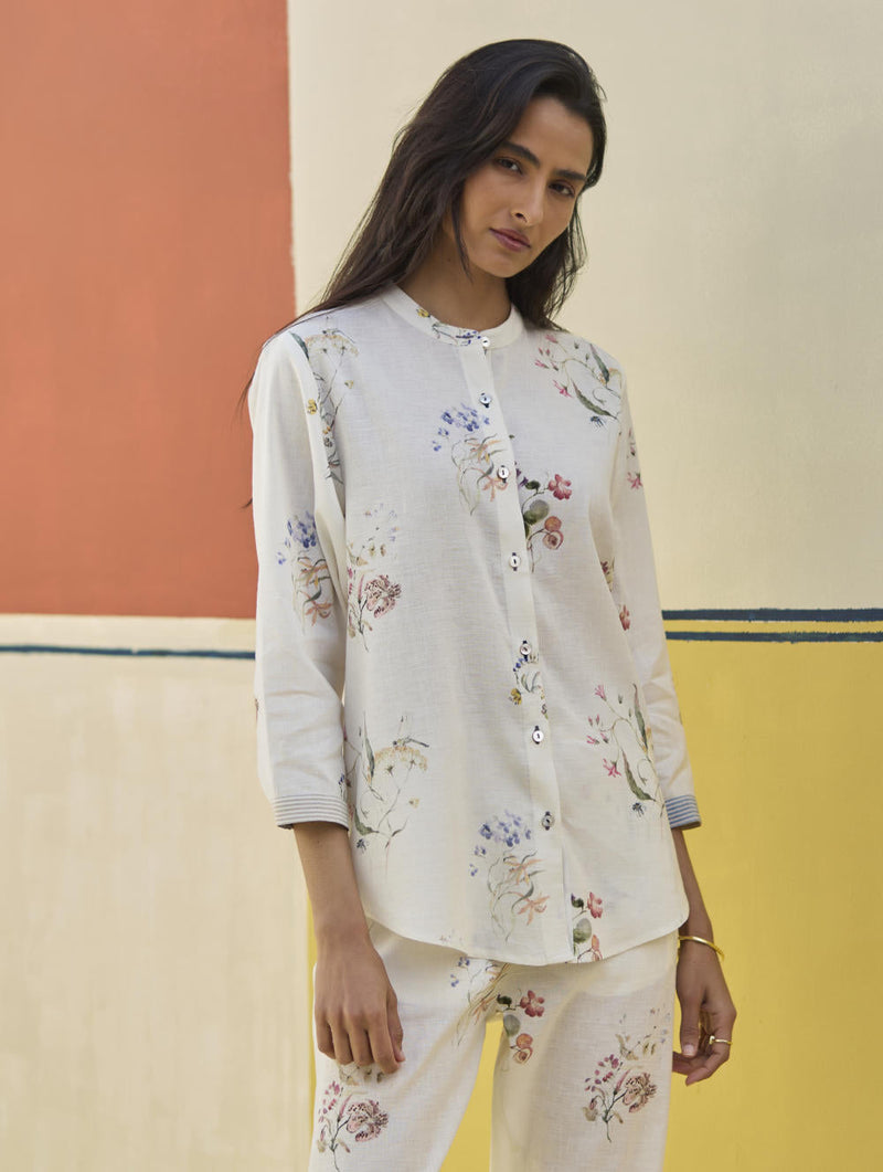 Vani Watercolour Floral Shirt - Ivory by Manan in ivory color for women Worldwide