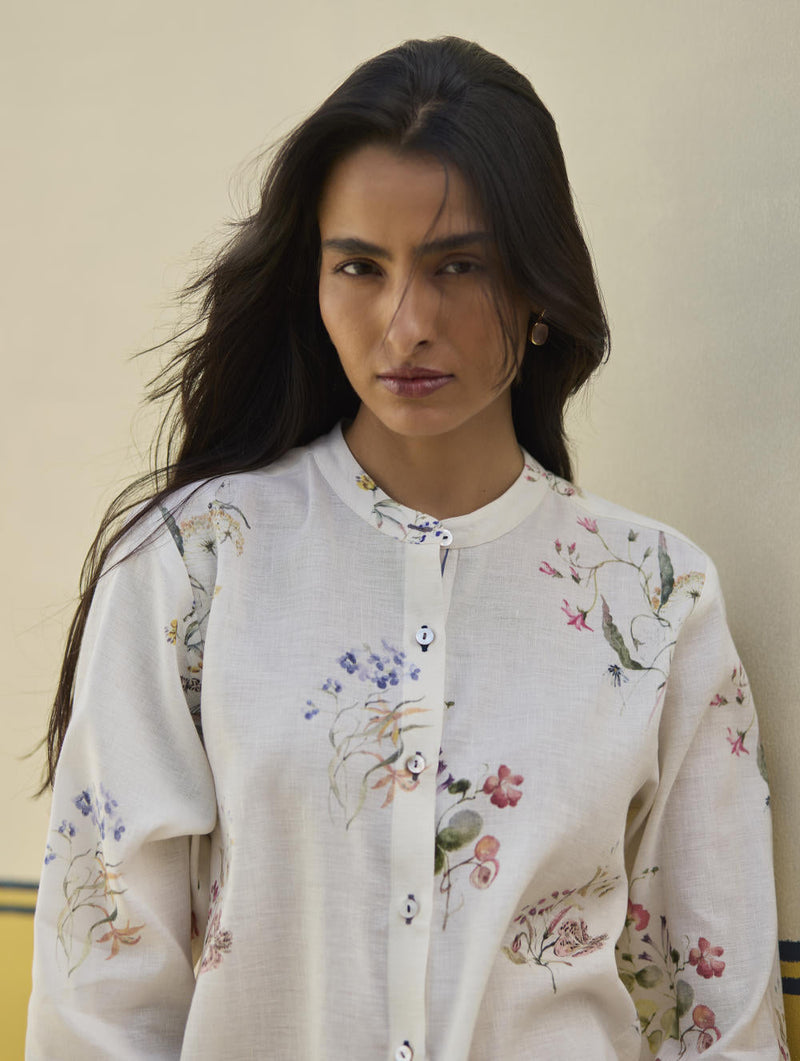 Vani Watercolour Floral Shirt - Ivory by Manan in ivory color for women Worldwide