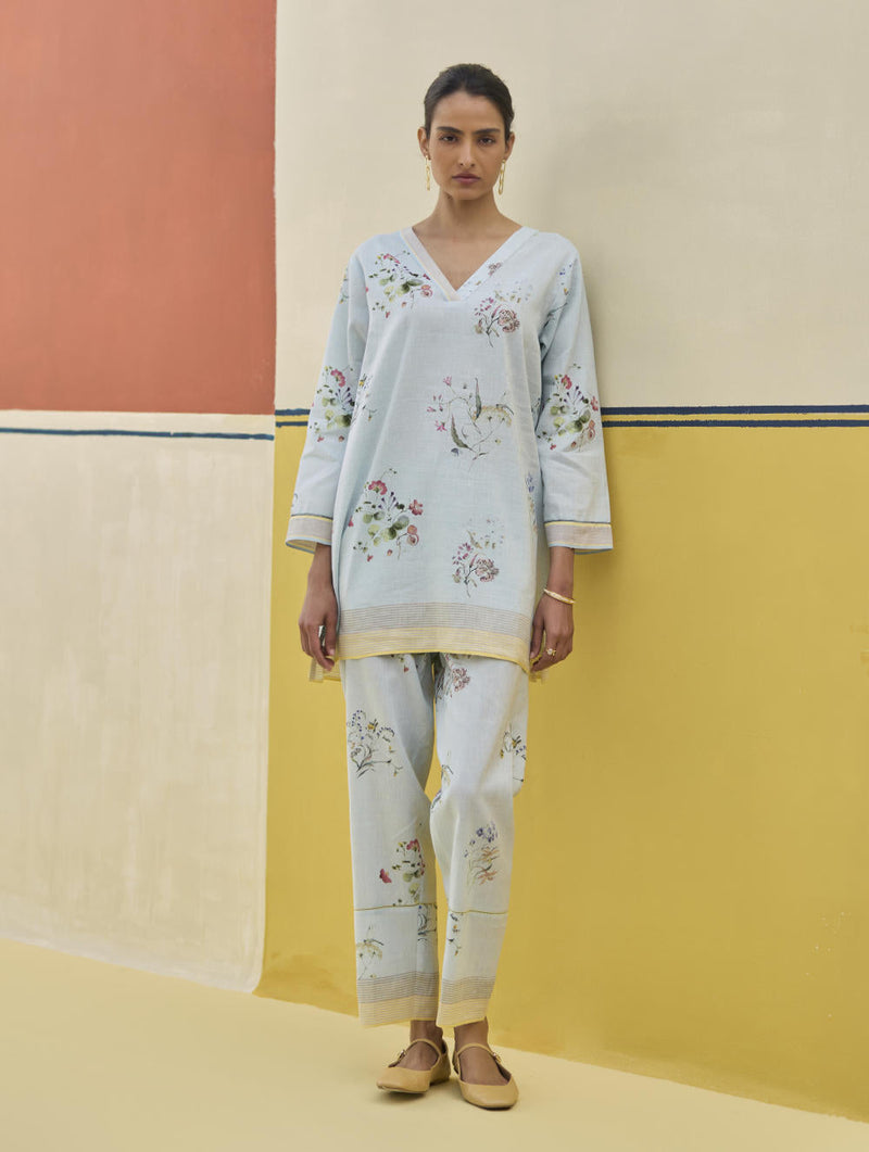Raha Watercolour Floral Kurta Set
 - Sky by Manan in blue color for women Worldwide