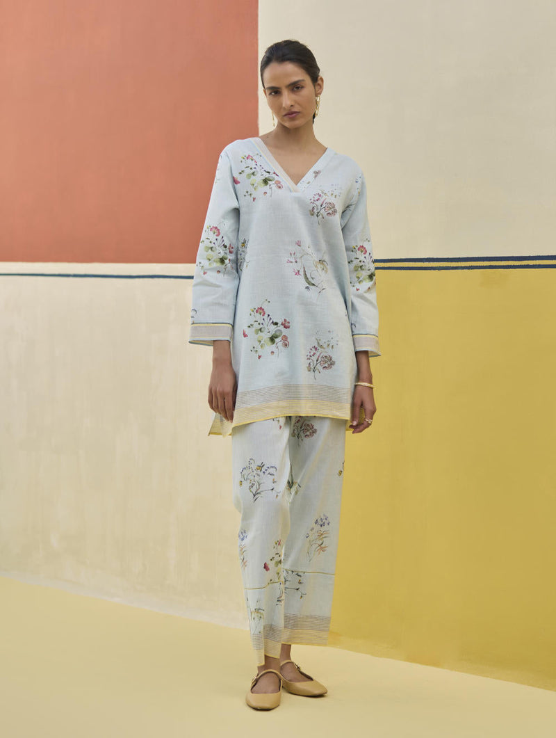 Raha Watercolour Floral Kurta - Sky by Manan in blue color for women Worldwide