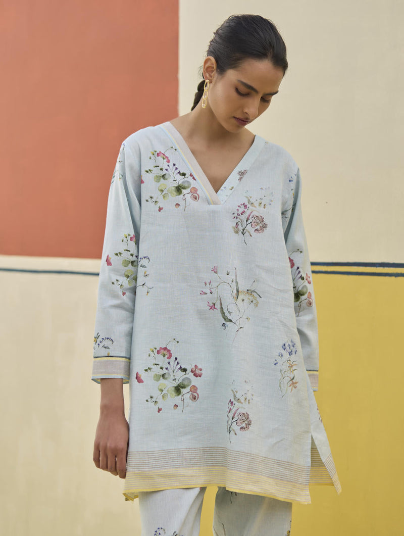 Raha Watercolour Floral Kurta - Sky by Manan in blue color for women Worldwide