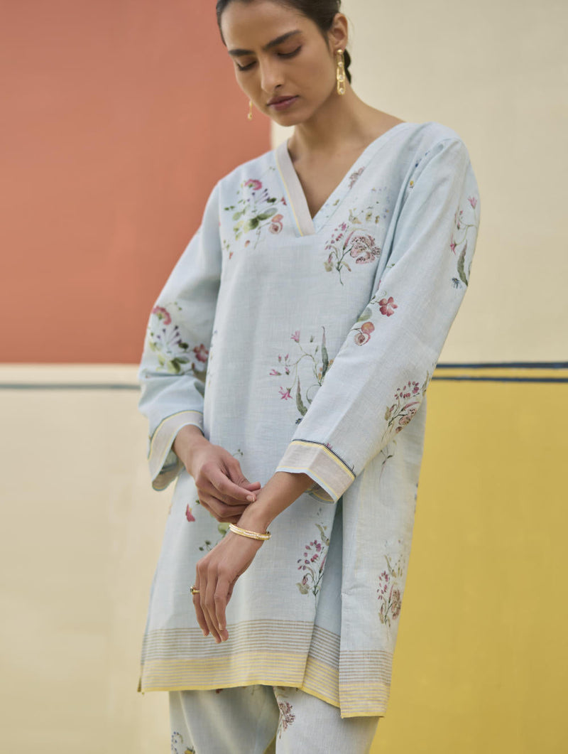 Raha Watercolour Floral Kurta - Sky by Manan in blue color for women Worldwide
