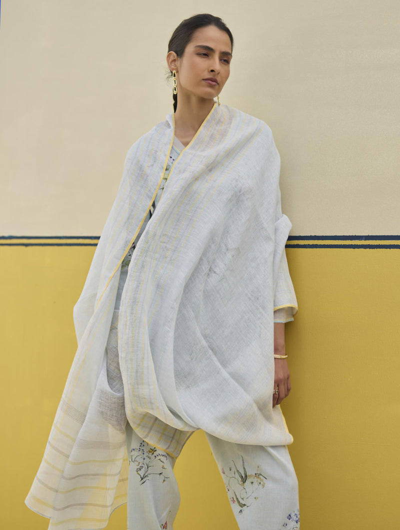 Mana Stripe Handloom Linen Dupatta - Sky by Manan in blue color for women Worldwide