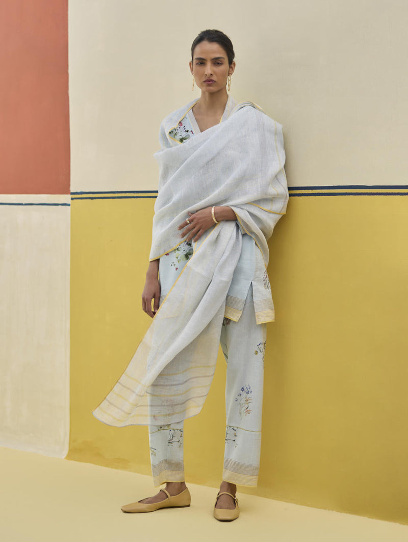 Mana Stripe Handloom Linen Dupatta - Sky by Manan in blue color for women Worldwide