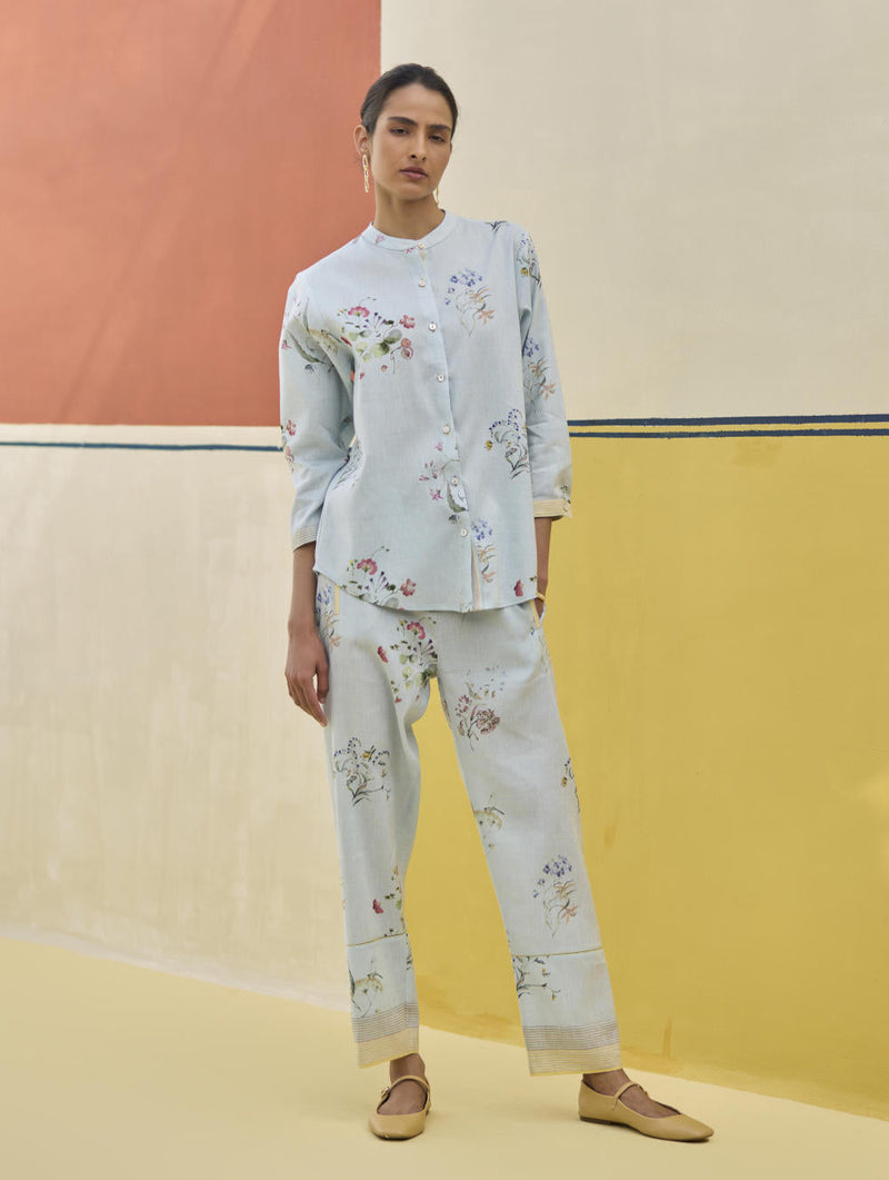 Vani Watercolour Floral Shirt - Sky by Manan in blue color for women Worldwide