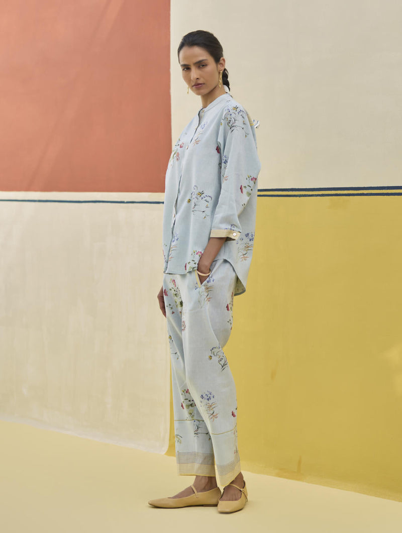 Vani Watercolour Floral Shirt - Sky by Manan in blue color for women Worldwide