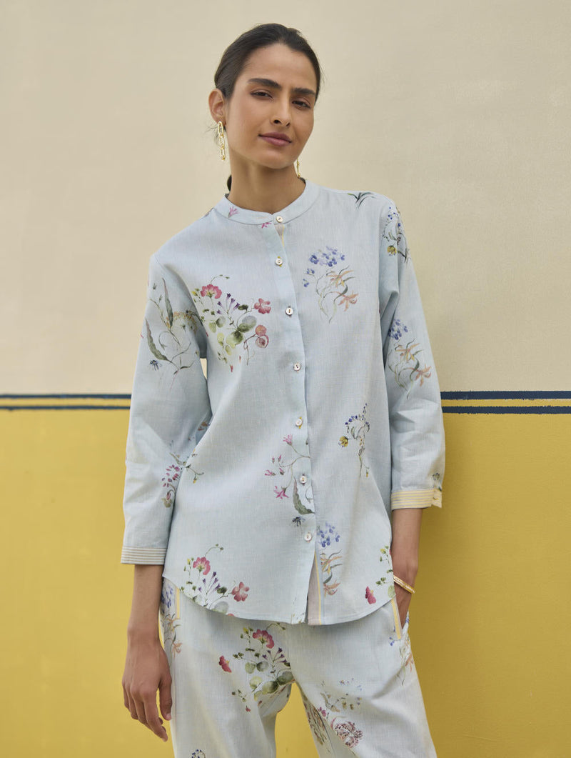 Vani Watercolour Floral Shirt - Sky by Manan in blue color for women Worldwide