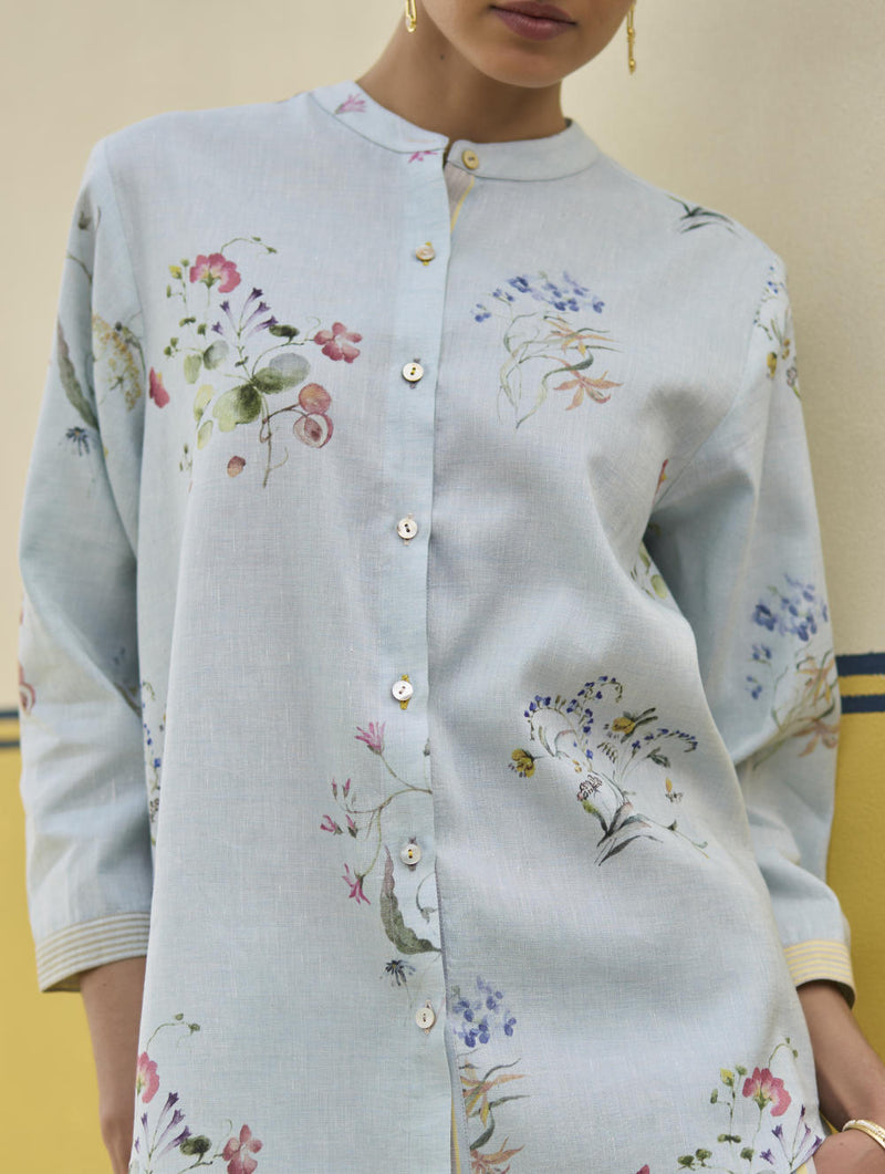 Vani Watercolour Floral Shirt - Sky by Manan in blue color for women Worldwide