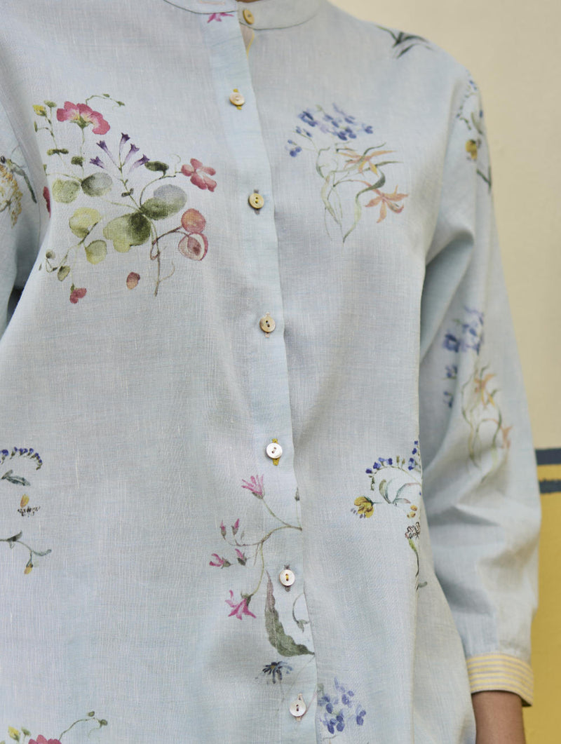 Vani Watercolour Floral Shirt - Sky by Manan in blue color for women Worldwide