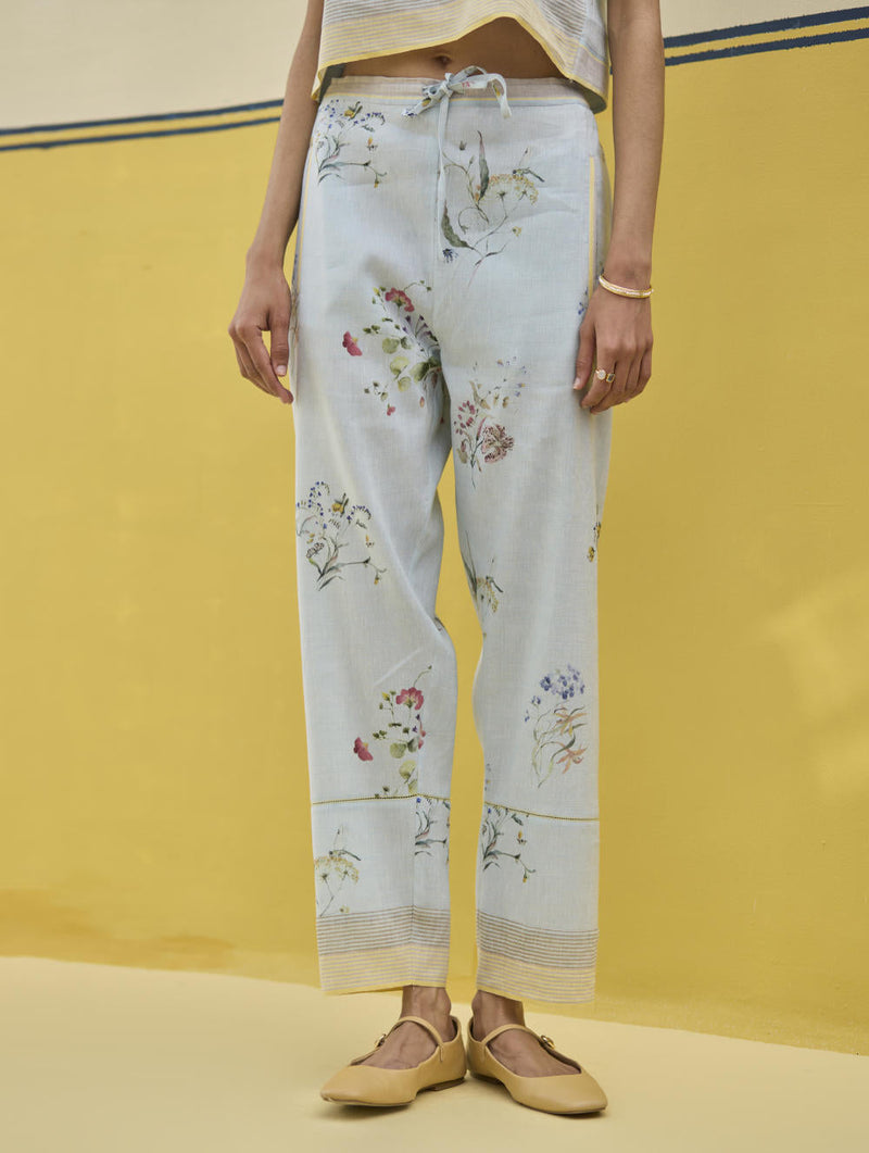 Ema Watercolour Floral Linen Pant - Sky by Manan in blue color for women Worldwide