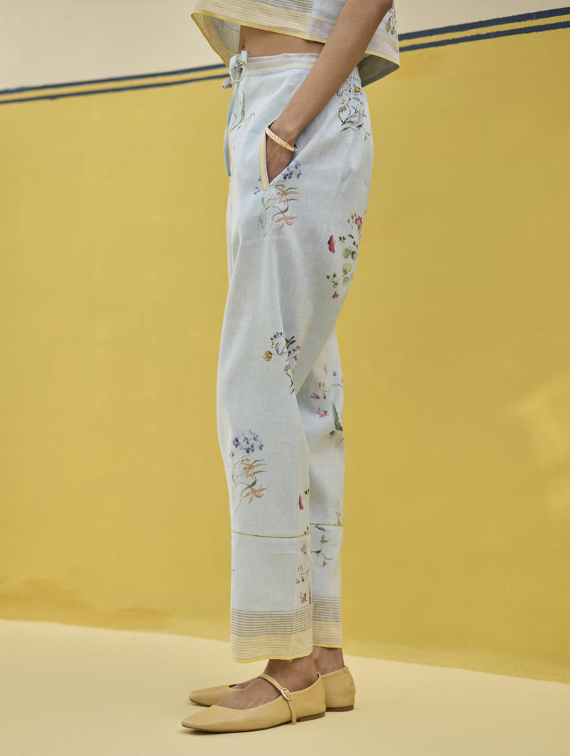 Ema Watercolour Floral Linen Pant - Sky by Manan in blue color for women Worldwide