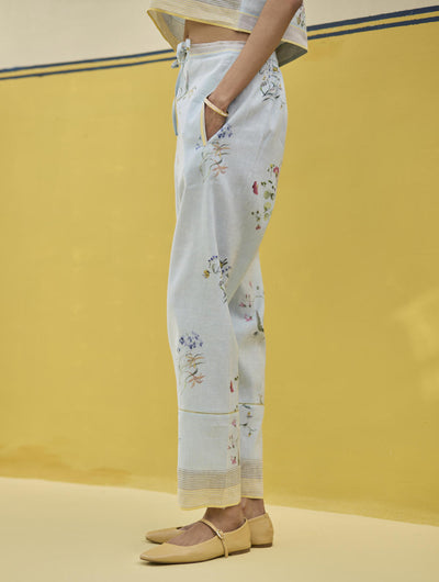 Ema Watercolour Floral Linen Pant - Sky