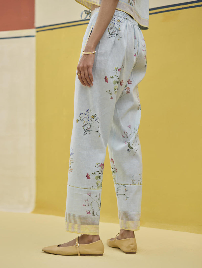 Ema Watercolour Floral Linen Pant - Sky by Manan in blue color for women Worldwide