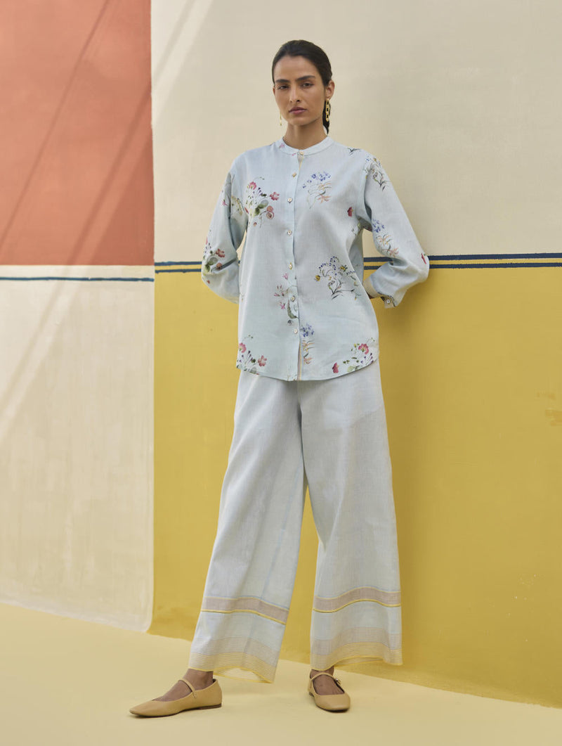 Vani Watercolour Floral Shirt - Sky by Manan in blue color for women Worldwide