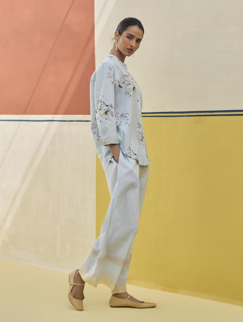 Vani Watercolour Floral Shirt - Sky by Manan in blue color for women Worldwide