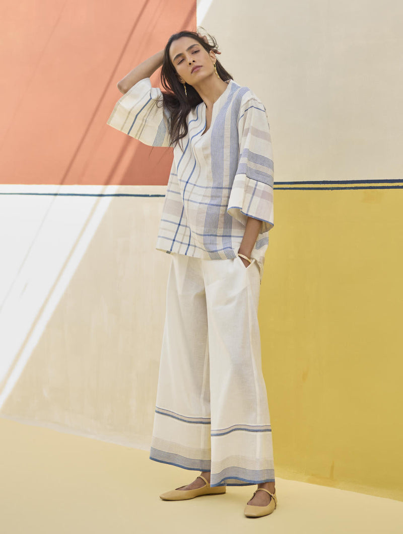 Lyla Stripe Border Pant - Ivory by Manan in ivory color for women Worldwide