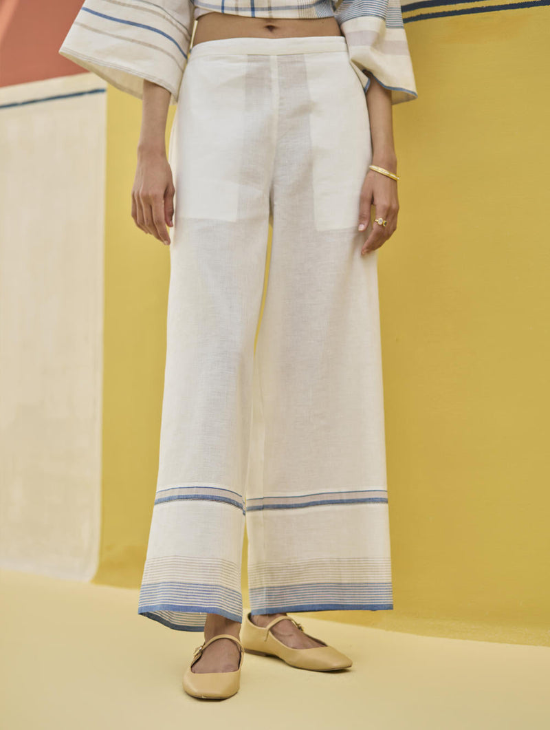 Lyla Stripe Border Pant - Sky by Manan in blue color for women Worldwide