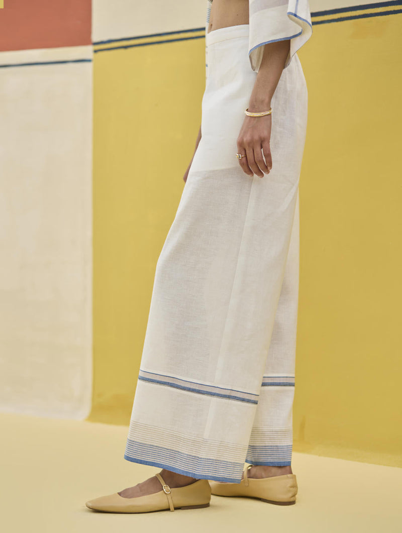 Lyla Stripe Border Pant - Ivory by Manan in ivory color for women Worldwide