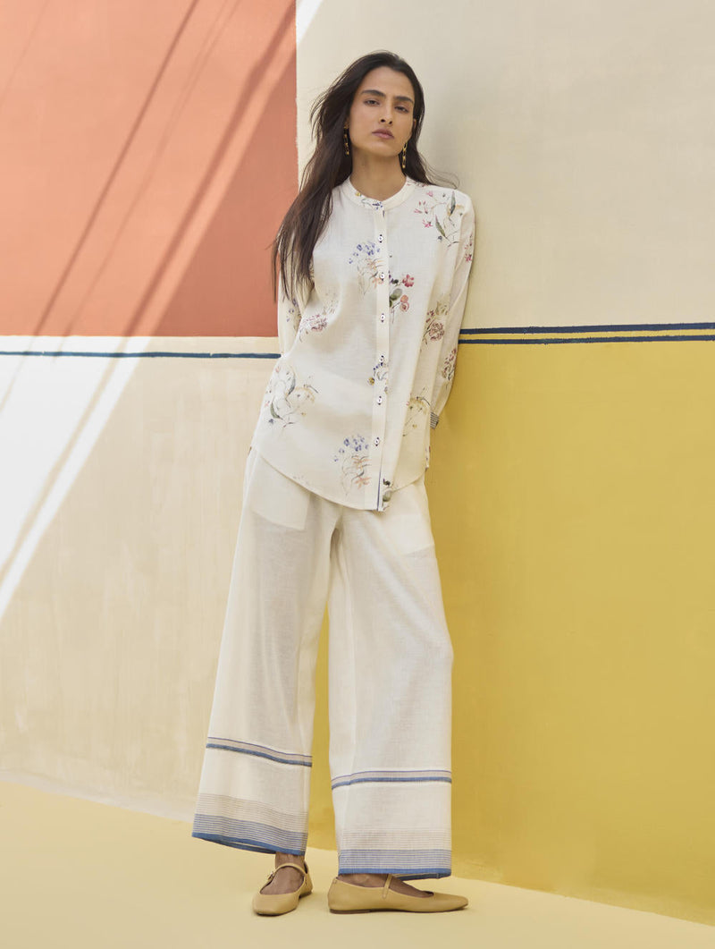Lyla Stripe Border Pant - Sky by Manan in blue color for women Worldwide