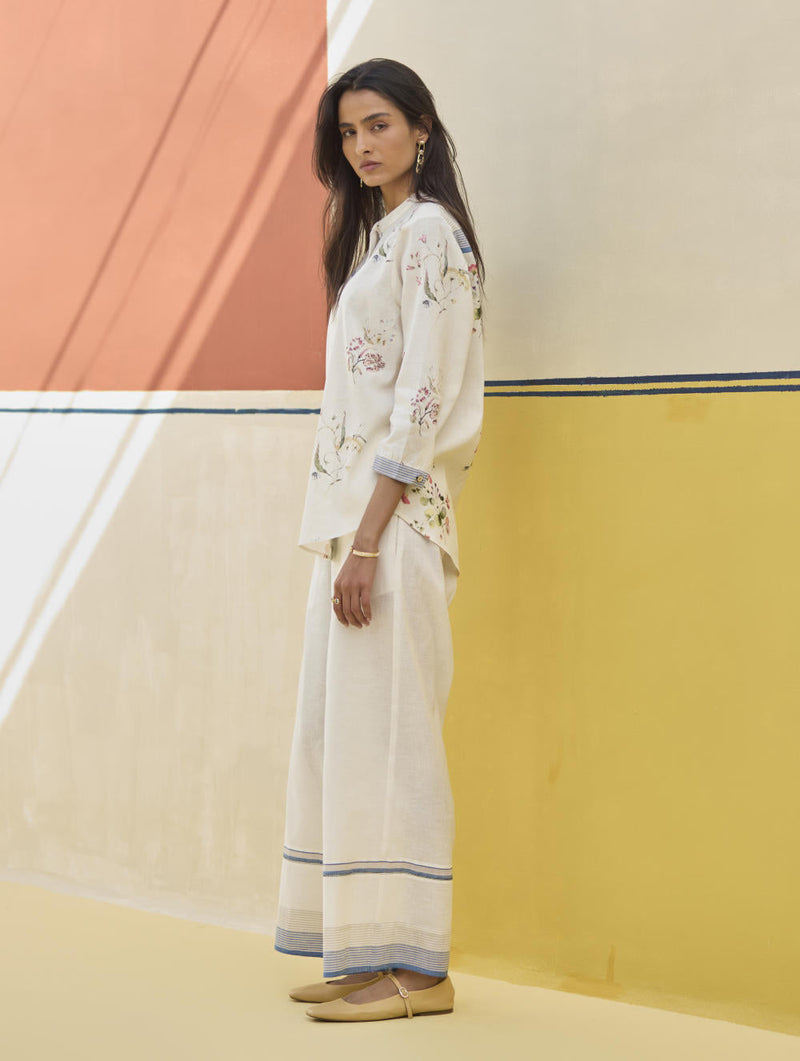 Lyla Stripe Border Pant - Sky by Manan in blue color for women Worldwide