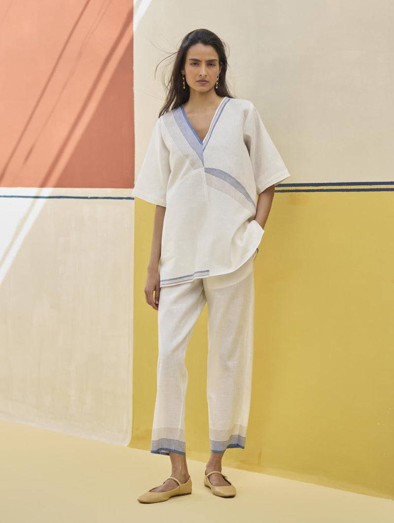 Moriko Border Linen Top - Ivory by Manan in ivory color for women Worldwide
