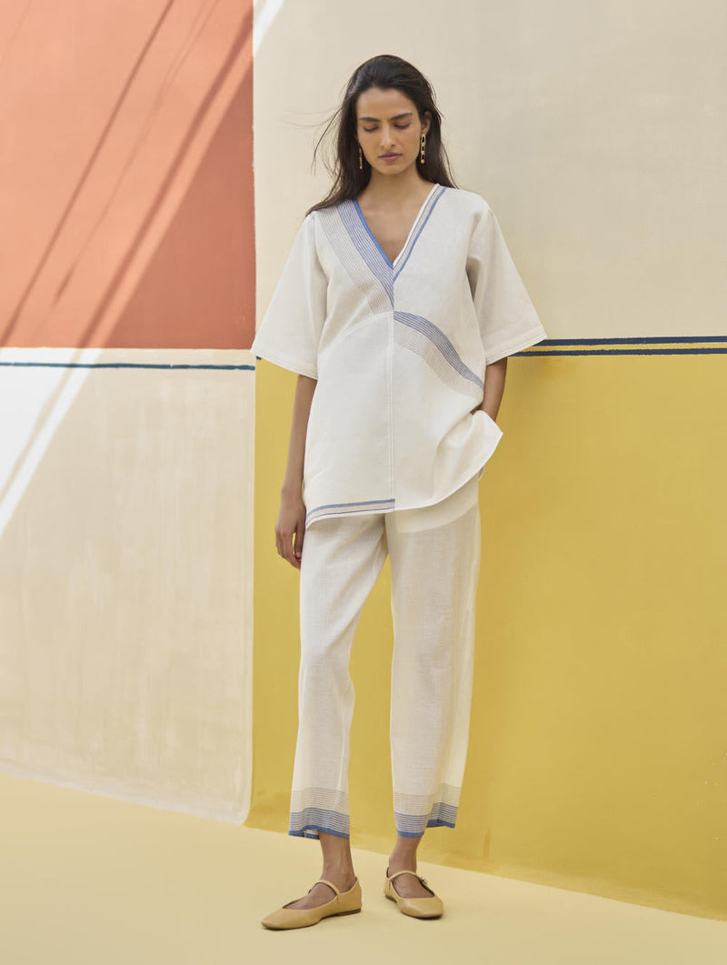 Moriko Border Linen Top - Ivory by Manan in ivory color for women Worldwide