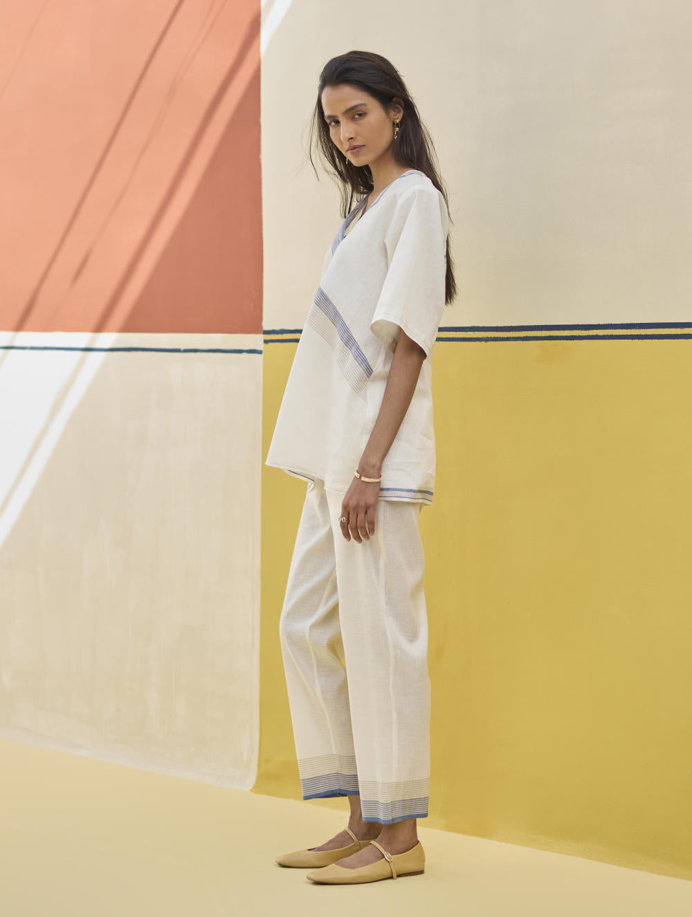 Moriko Border Linen Top - Ivory