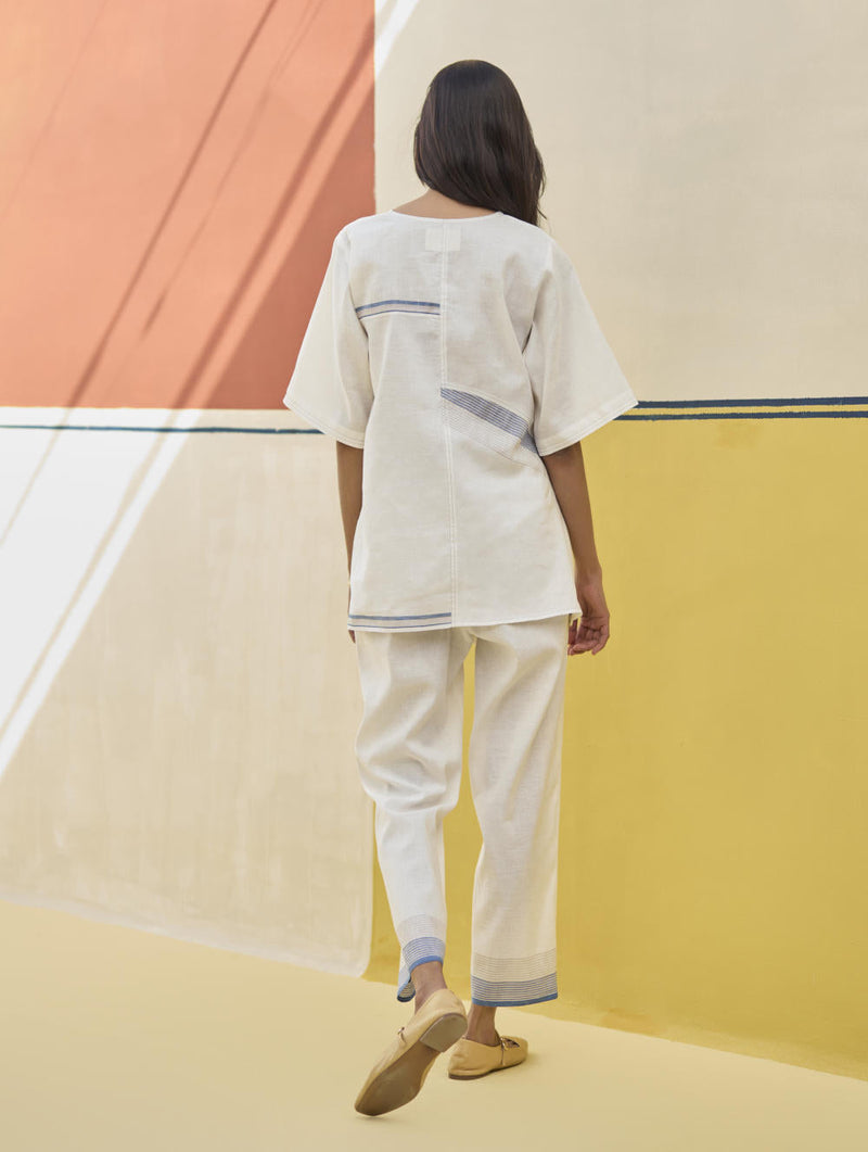 Moriko Border Linen Top - Ivory by Manan in ivory color for women Worldwide