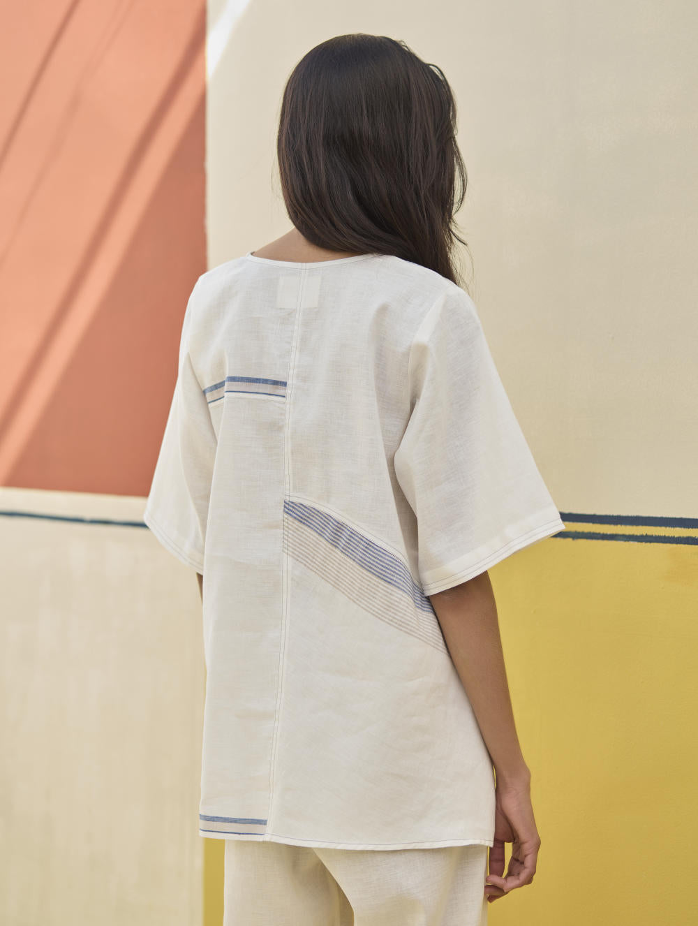 Moriko Border Linen Top - Ivory