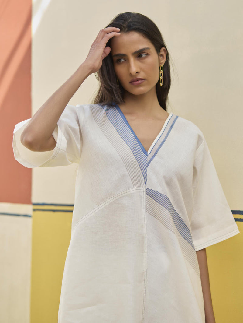 Moriko Border Linen Top - Ivory by Manan in ivory color for women Worldwide