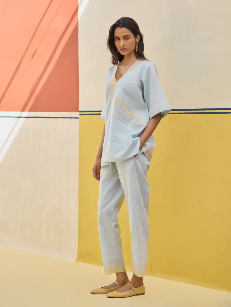 Moriko Border Linen Co-ord Set
 - Sky by Manan in blue color for women Worldwide