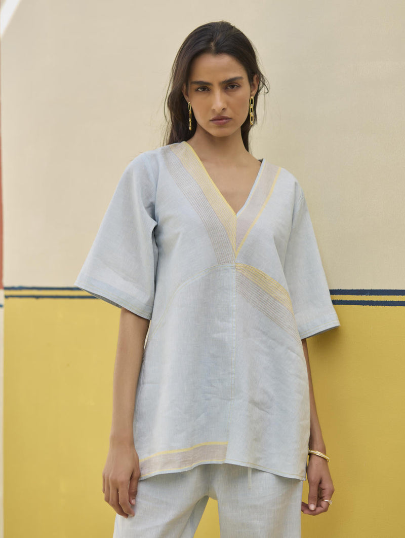 Moriko Border Linen Top - Sky by Manan in blue color for women Worldwide