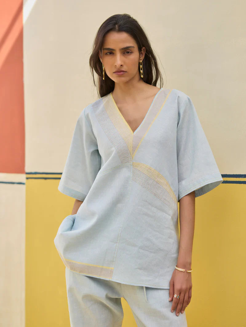 Moriko Border Linen Co-ord Set
 - Sky by Manan in blue color for women Worldwide