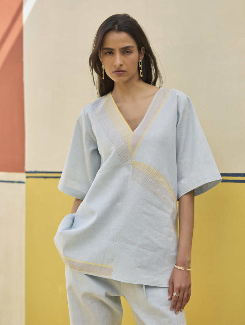 Moriko Border Linen Top - Sky by Manan in blue color for women Worldwide