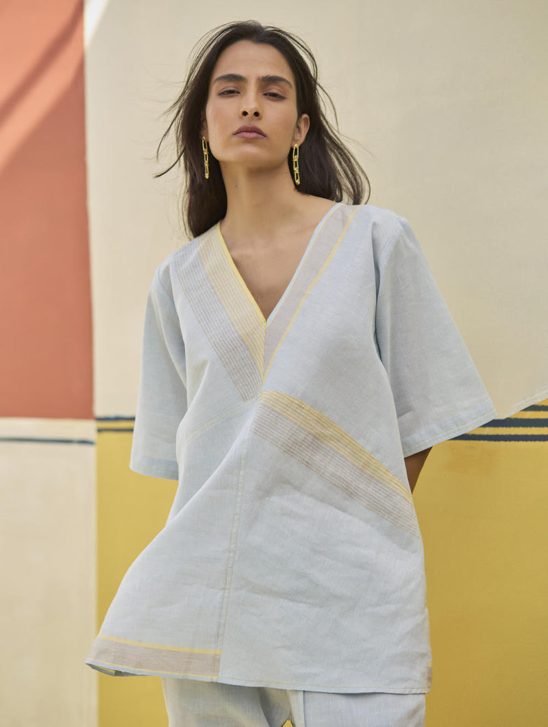 Moriko Border Linen Top - Sky by Manan in blue color for women Worldwide