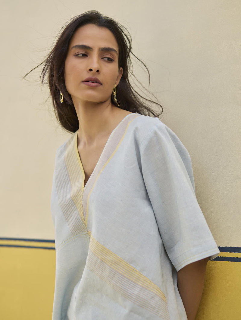 Moriko Border Linen Top - Sky by Manan in blue color for women Worldwide