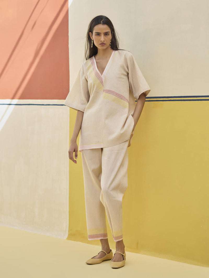 Moriko Border Linen Top - Sand by Manan in natural color for women Worldwide