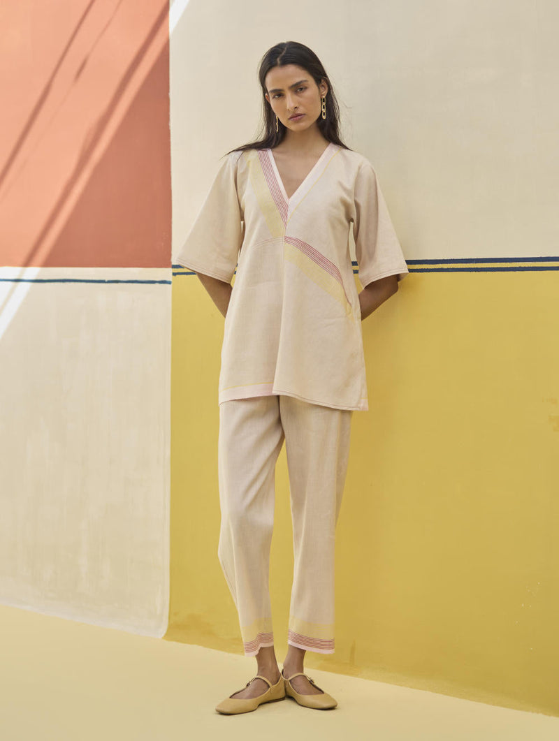 Moriko Border Linen Top - Sand by Manan in natural color for women Worldwide