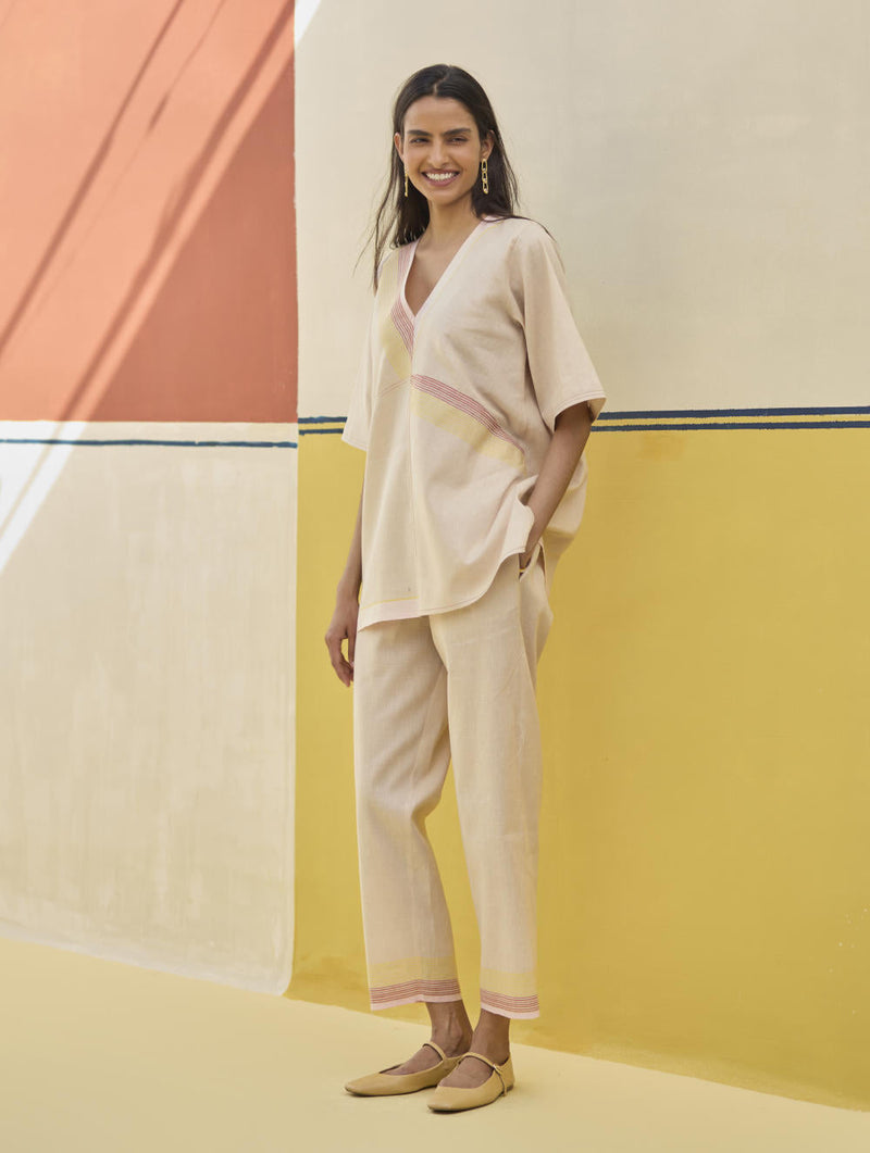 Moriko Border Linen Top - Sand by Manan in natural color for women Worldwide