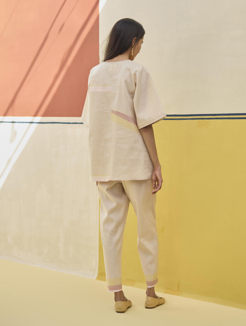 Moriko Border Linen Top - Sand by Manan in natural color for women Worldwide