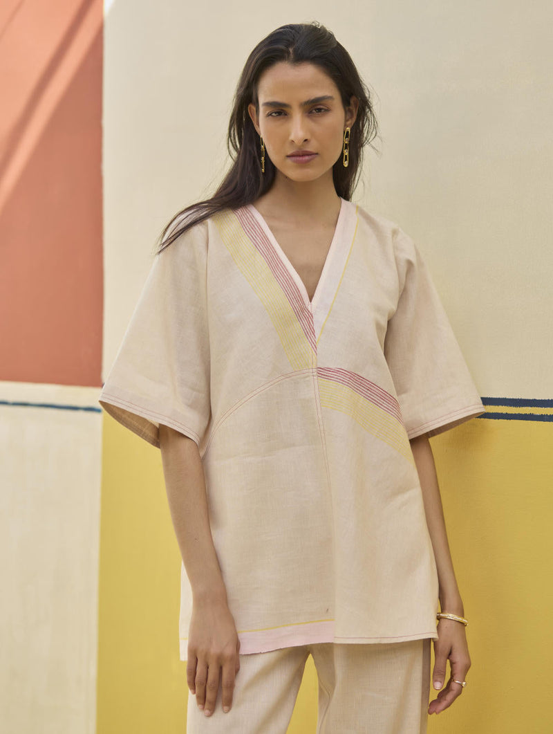 Moriko Border Linen Top - Sand by Manan in natural color for women Worldwide