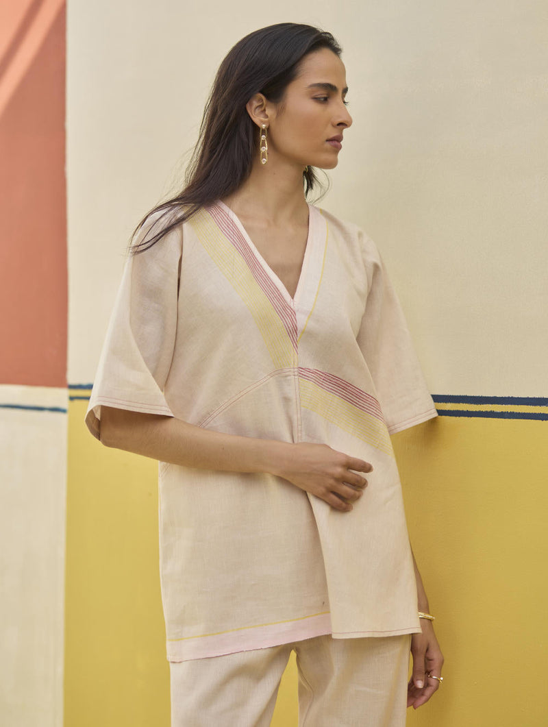 Moriko Border Linen Top - Sand by Manan in natural color for women Worldwide
